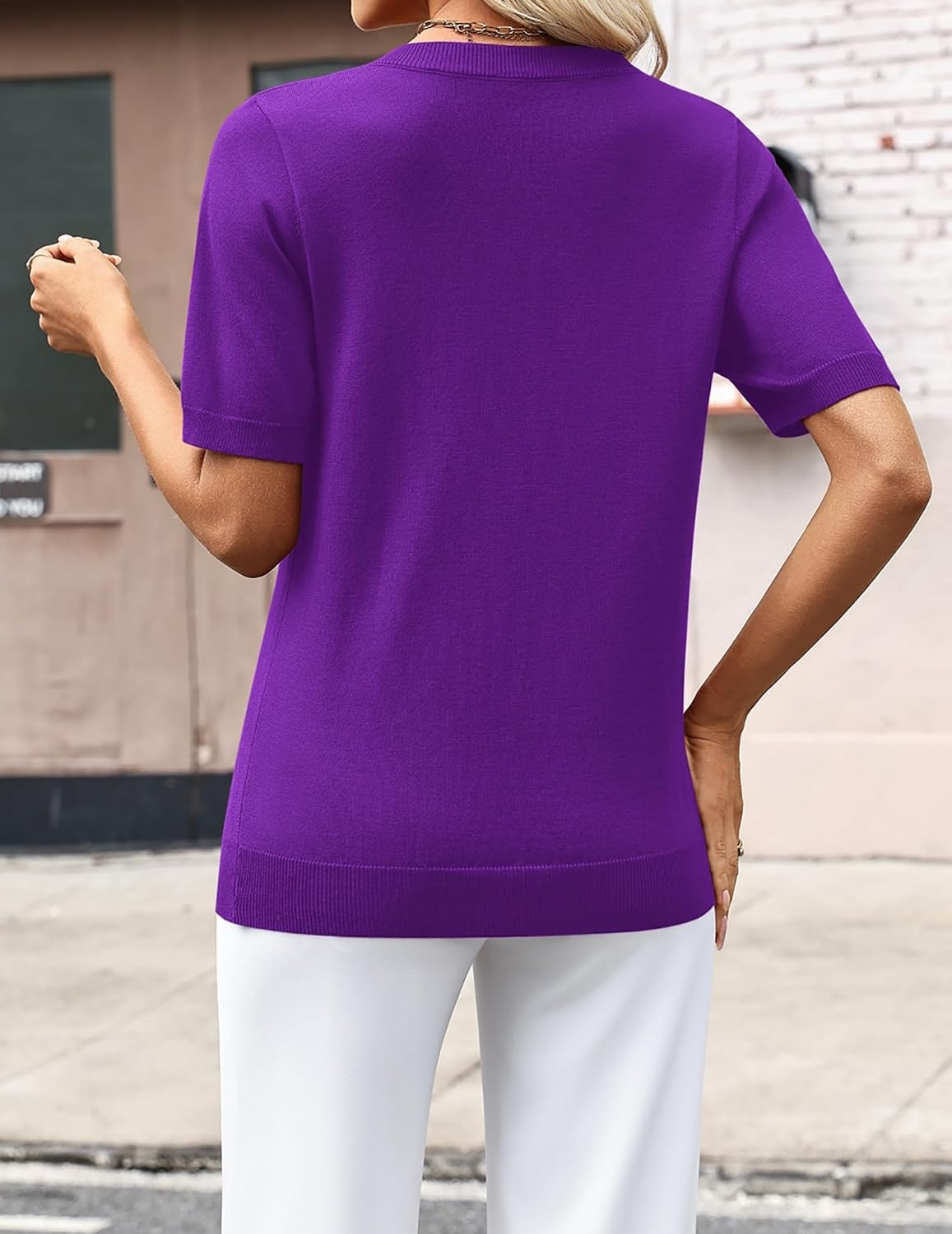 image:imageZeagoo Womens Short Sleeve Sweaters Summer V Neck Business Casual Knit TopsPurple