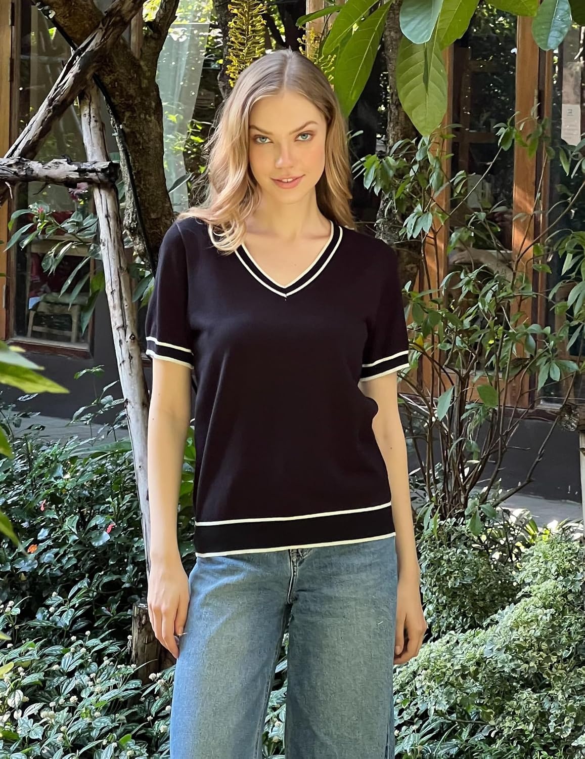 image:imageZeagoo Womens Short Sleeve Sweaters Summer V Neck Business Casual Knit TopsTz288