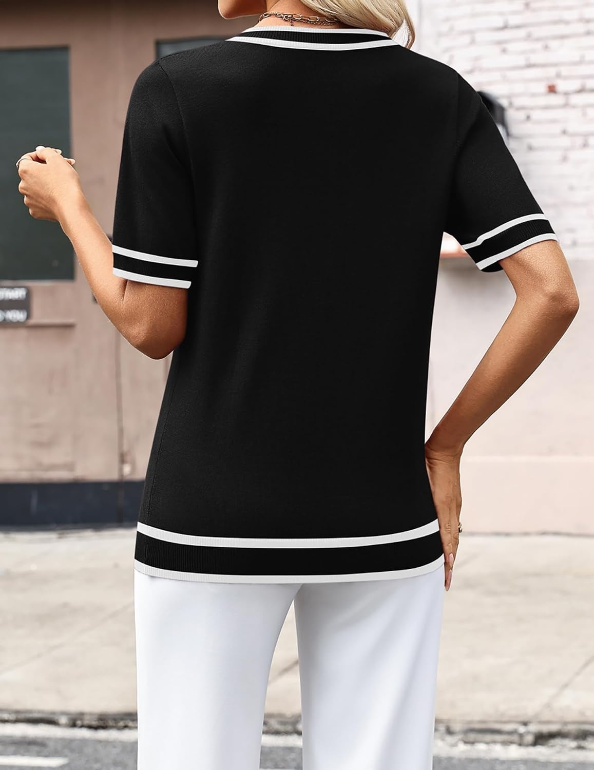 image:imageZeagoo Womens Short Sleeve Sweaters Summer V Neck Business Casual Knit TopsTz288