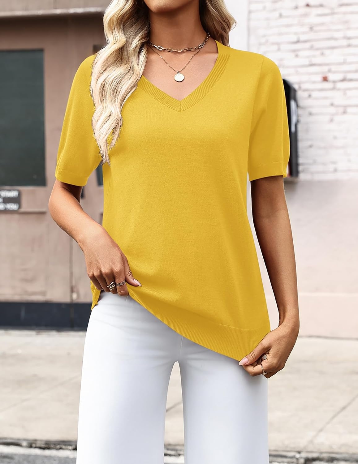 image:imageZeagoo Womens Short Sleeve Sweaters Summer V Neck Business Casual Knit TopsYellow