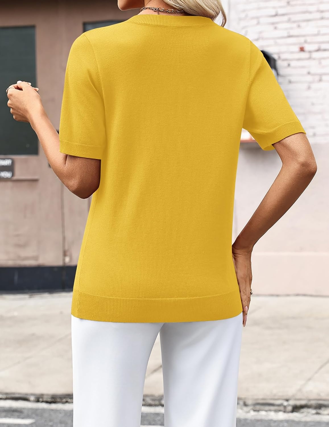 image:imageZeagoo Womens Short Sleeve Sweaters Summer V Neck Business Casual Knit TopsYellow