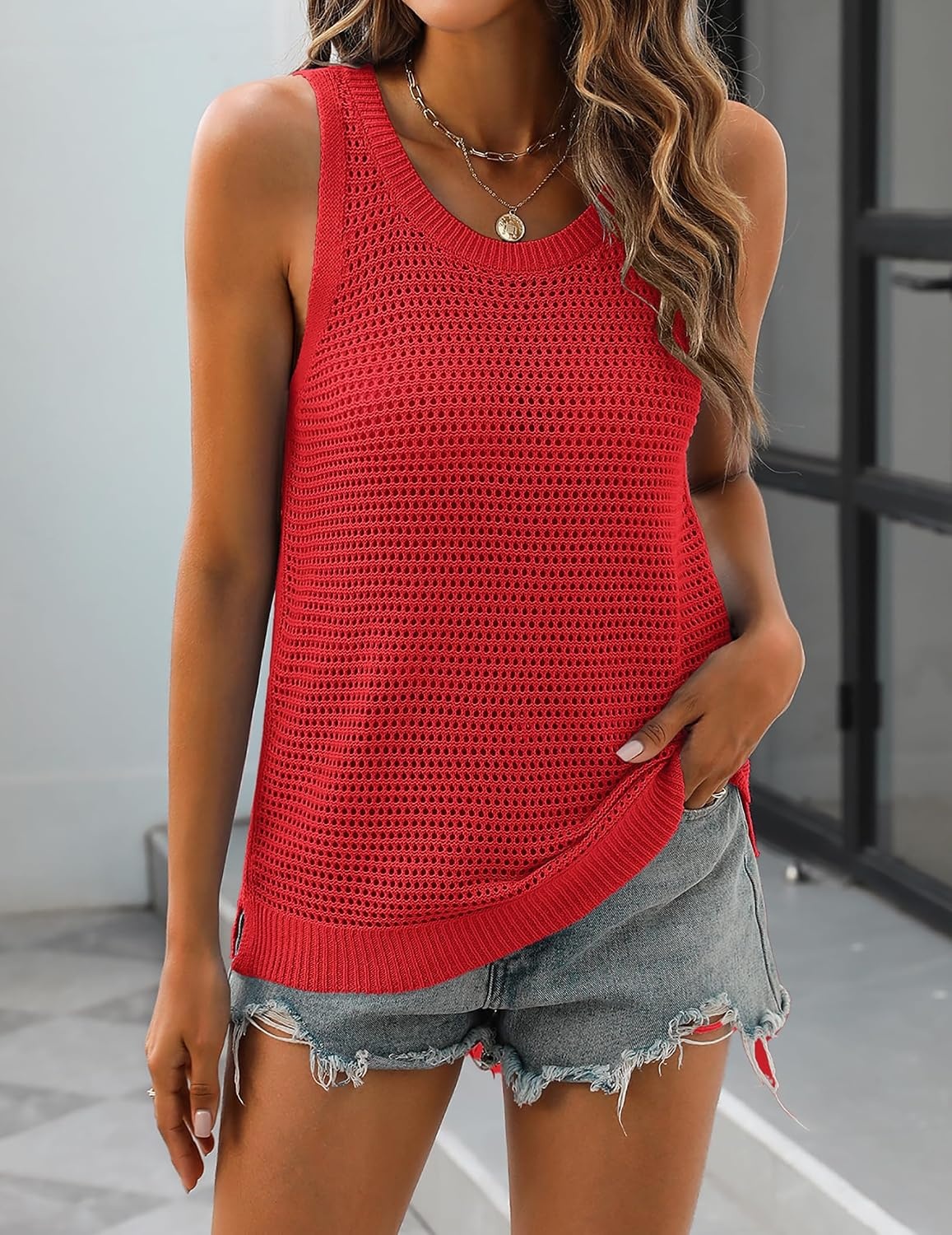 image:imageZeagoo Womens Summer Crochet Sweater Tank Tops Hollow Sleeveless TopsRed