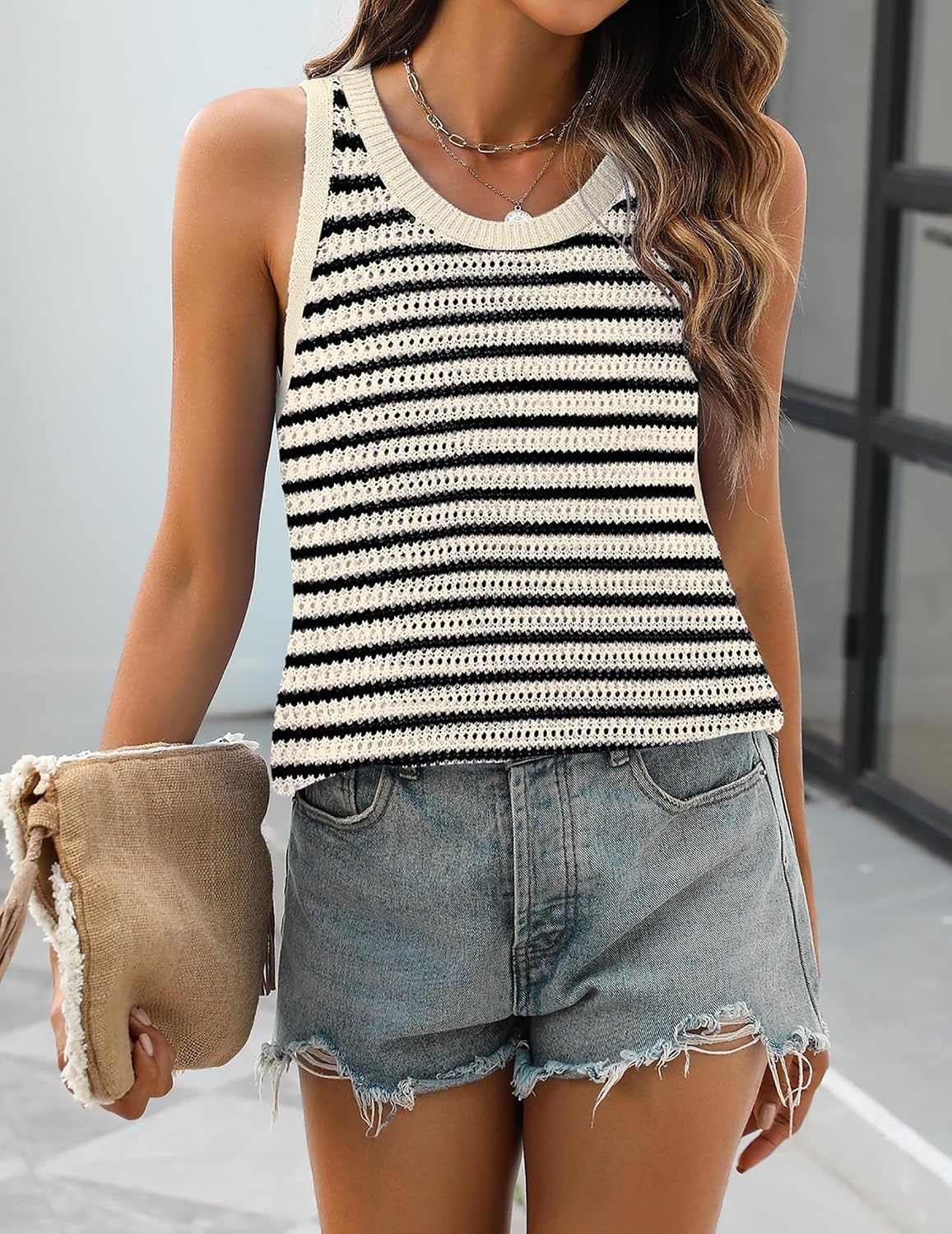 image:imageZeagoo Womens Summer Crochet Sweater Tank Tops Hollow Sleeveless TopsTw467 Stripe Beige
