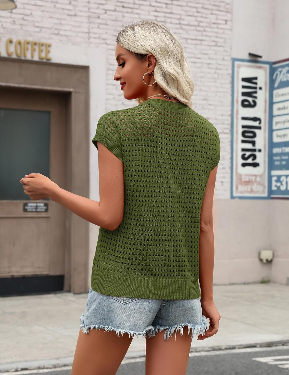 image:imageZeagoo Womens Summer Crochet Tops Cap Sleeve Hollow Pullover Sweater VestArmy Green