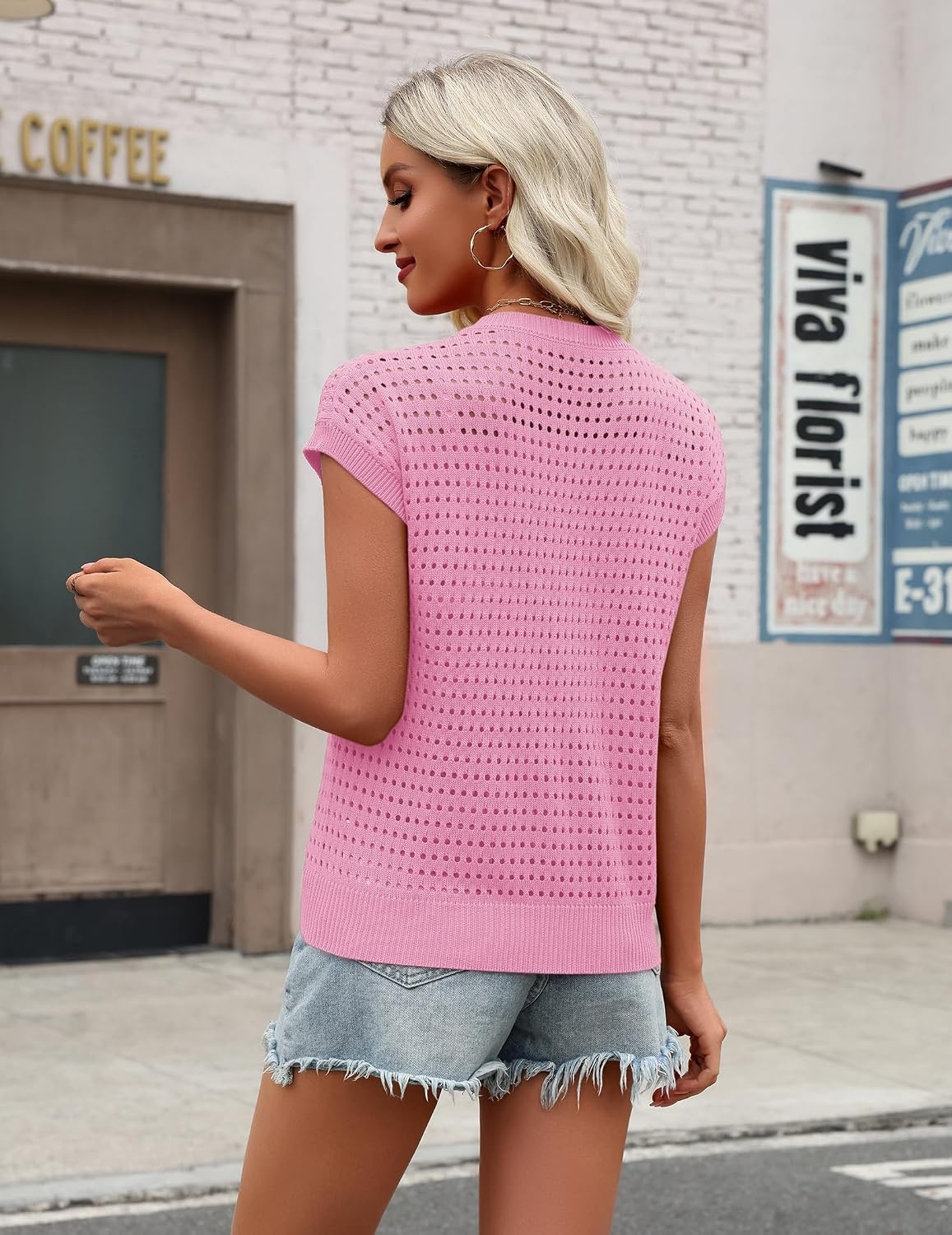 image:imageZeagoo Womens Summer Crochet Tops Cap Sleeve Hollow Pullover Sweater VestPink