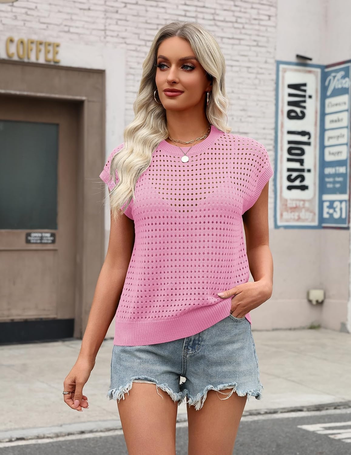 image:imageZeagoo Womens Summer Crochet Tops Cap Sleeve Hollow Pullover Sweater VestPink