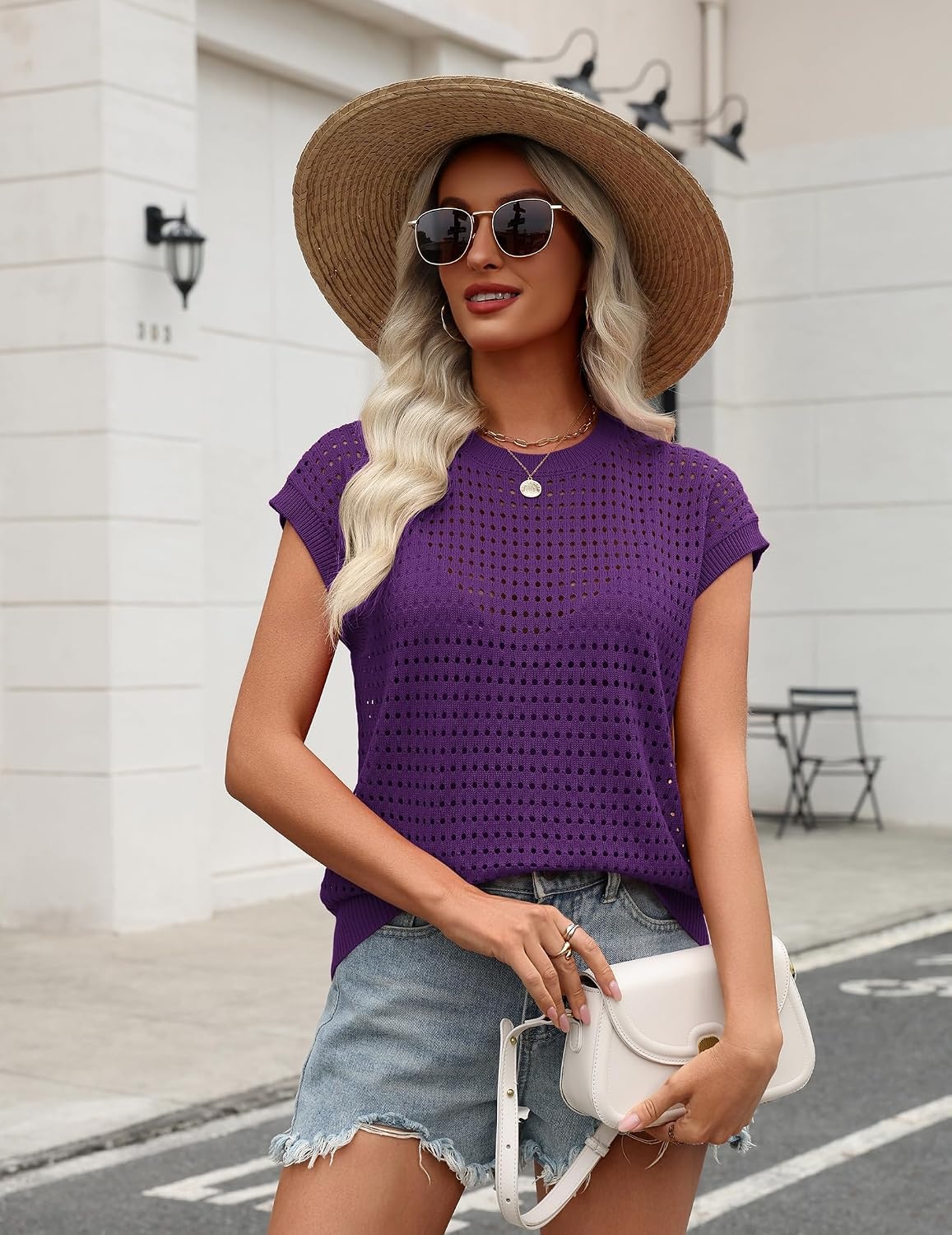 image:imageZeagoo Womens Summer Crochet Tops Cap Sleeve Hollow Pullover Sweater VestPurple