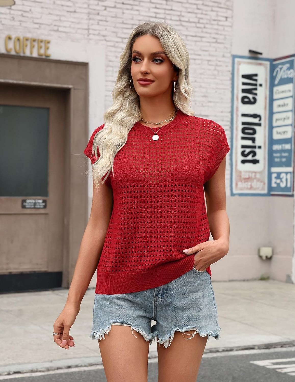 image:imageZeagoo Womens Summer Crochet Tops Cap Sleeve Hollow Pullover Sweater VestRed