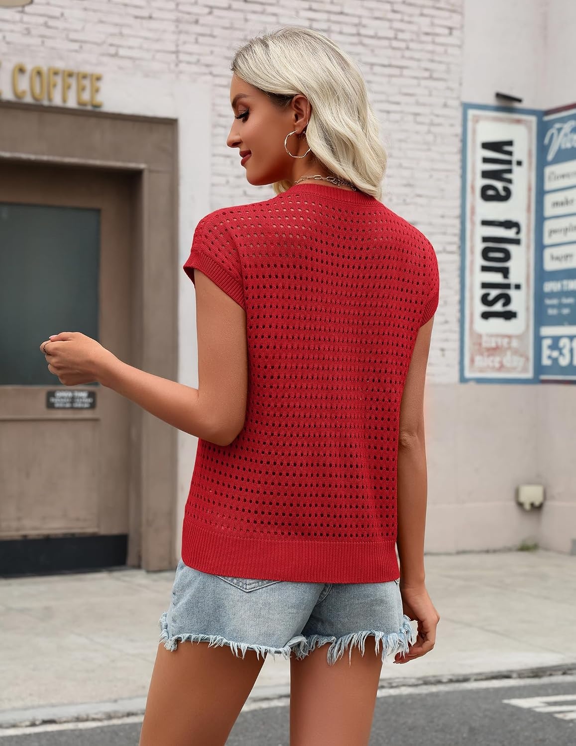 image:imageZeagoo Womens Summer Crochet Tops Cap Sleeve Hollow Pullover Sweater VestRed