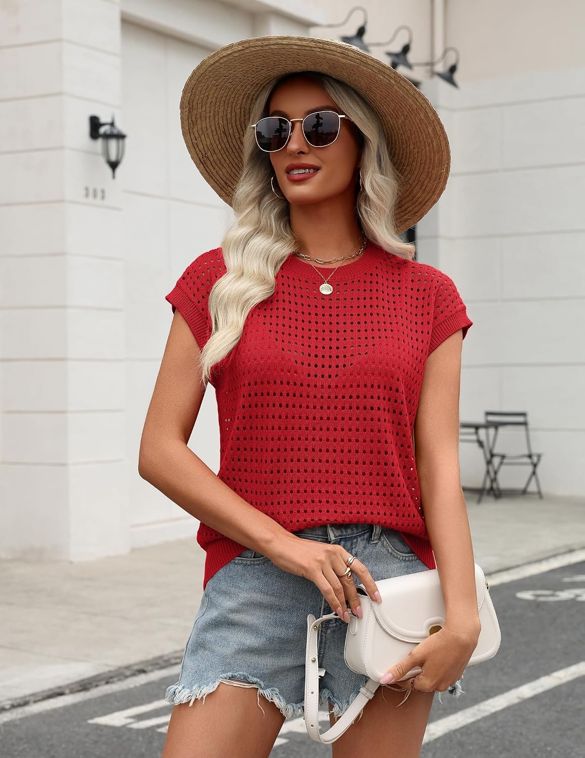 image:imageZeagoo Womens Summer Crochet Tops Cap Sleeve Hollow Pullover Sweater VestRed