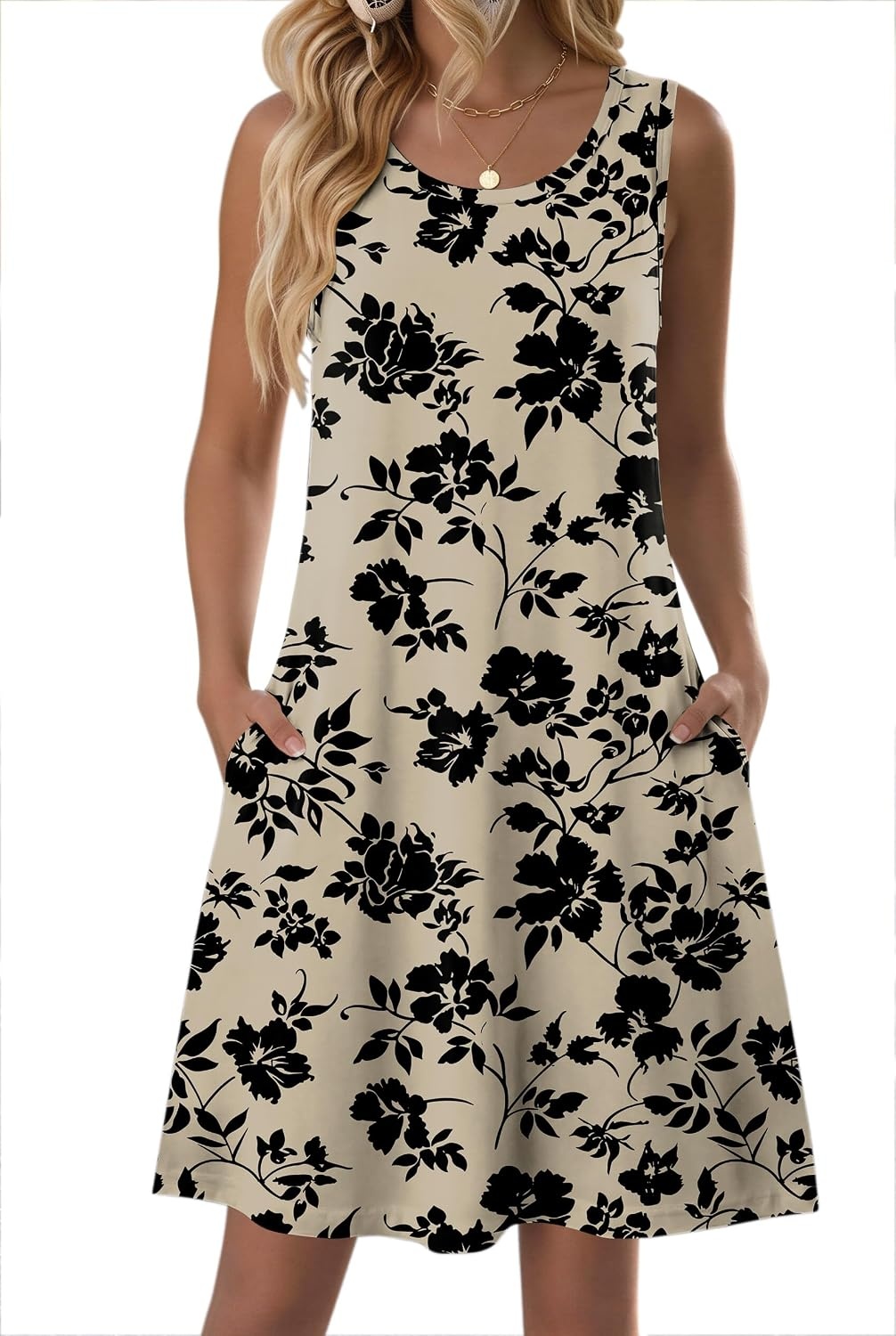 image:imageZeagoo Womens Summer Dress 2026 Sleeveless Casual ALine Tshirt SundressesBeige Black Print