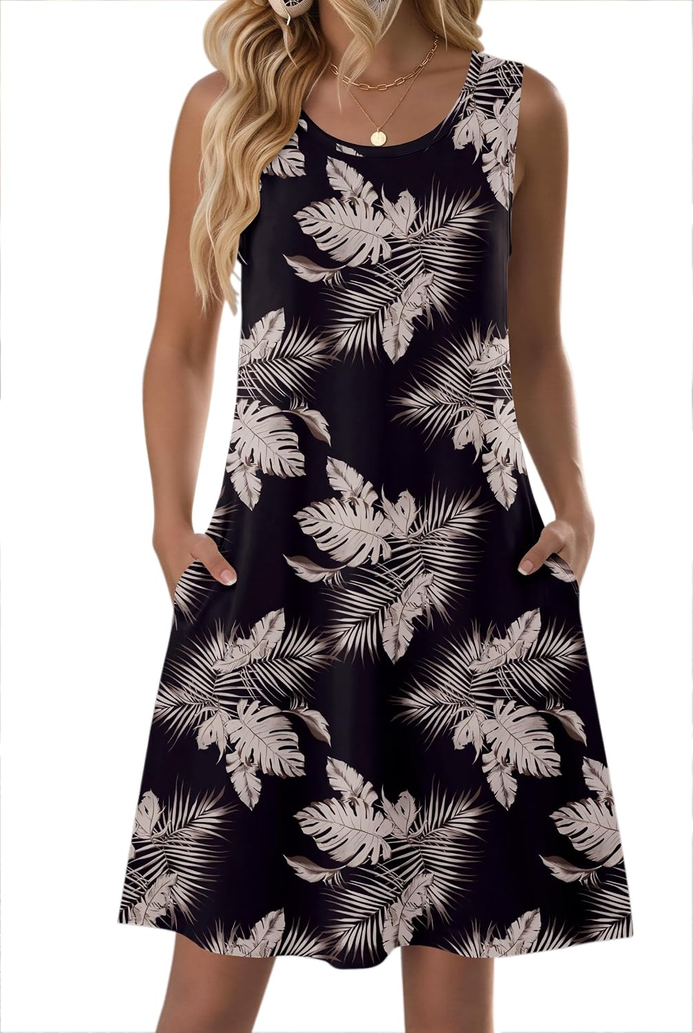 image:imageZeagoo Womens Summer Dress 2026 Sleeveless Casual ALine Tshirt SundressesBlack Leaf