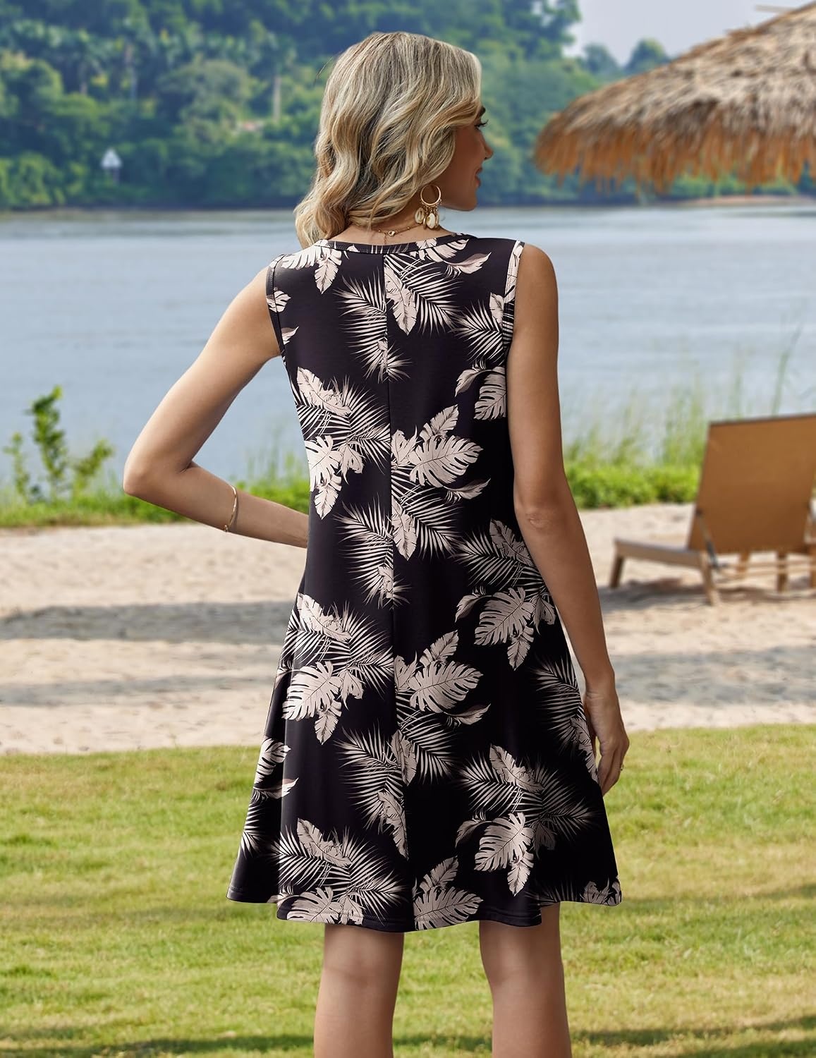 image:imageZeagoo Womens Summer Dress 2026 Sleeveless Casual ALine Tshirt SundressesBlack Leaf
