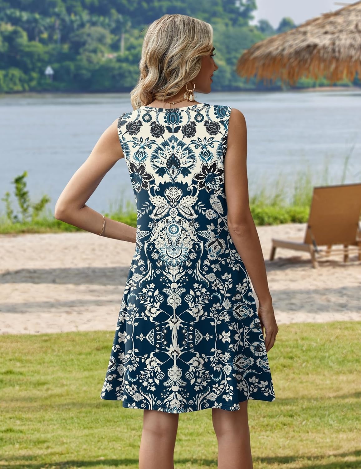 image:imageZeagoo Womens Summer Dress 2026 Sleeveless Casual ALine Tshirt SundressesBlue Boho Print