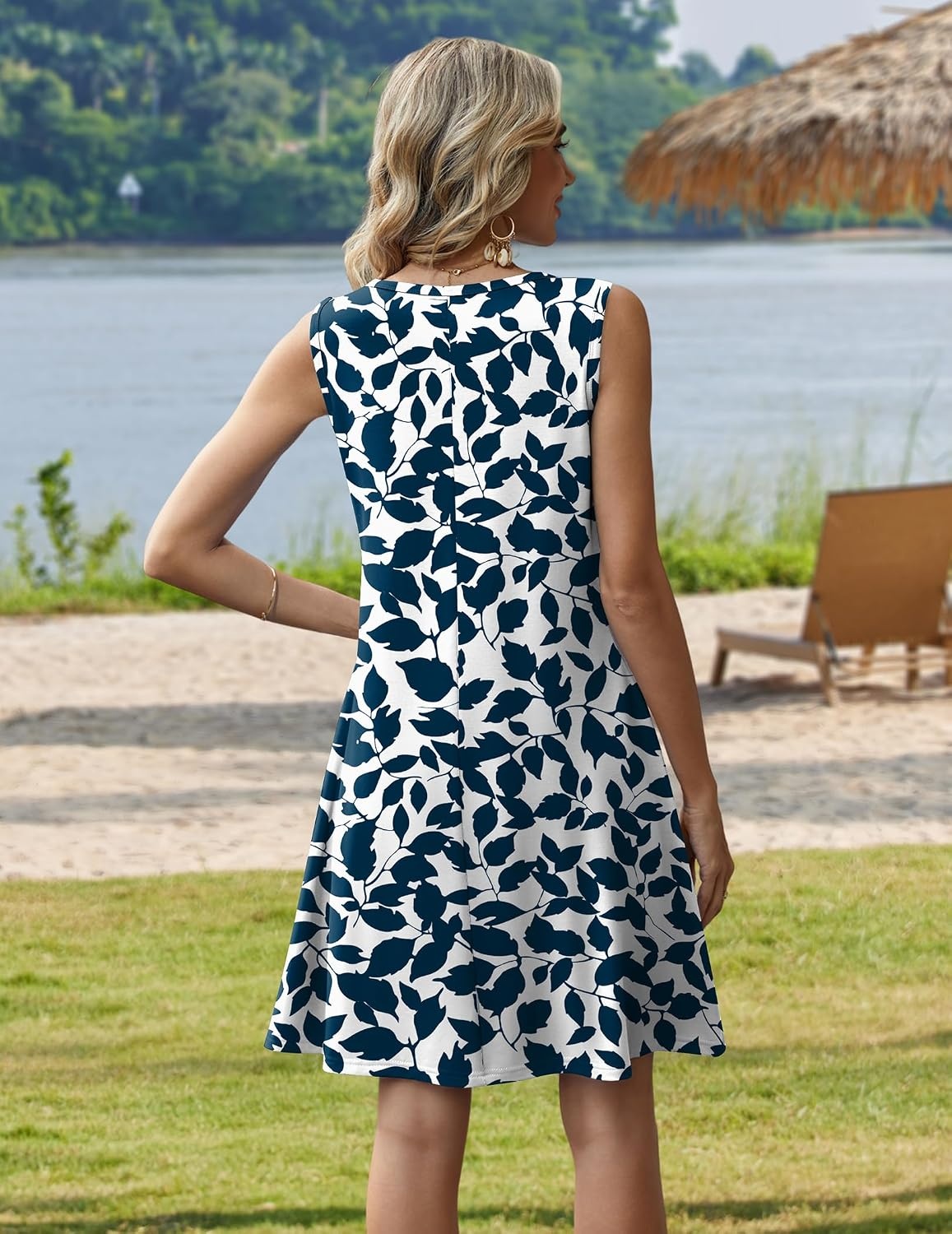 image:imageZeagoo Womens Summer Dress 2026 Sleeveless Casual ALine Tshirt SundressesBlue Leaf Print
