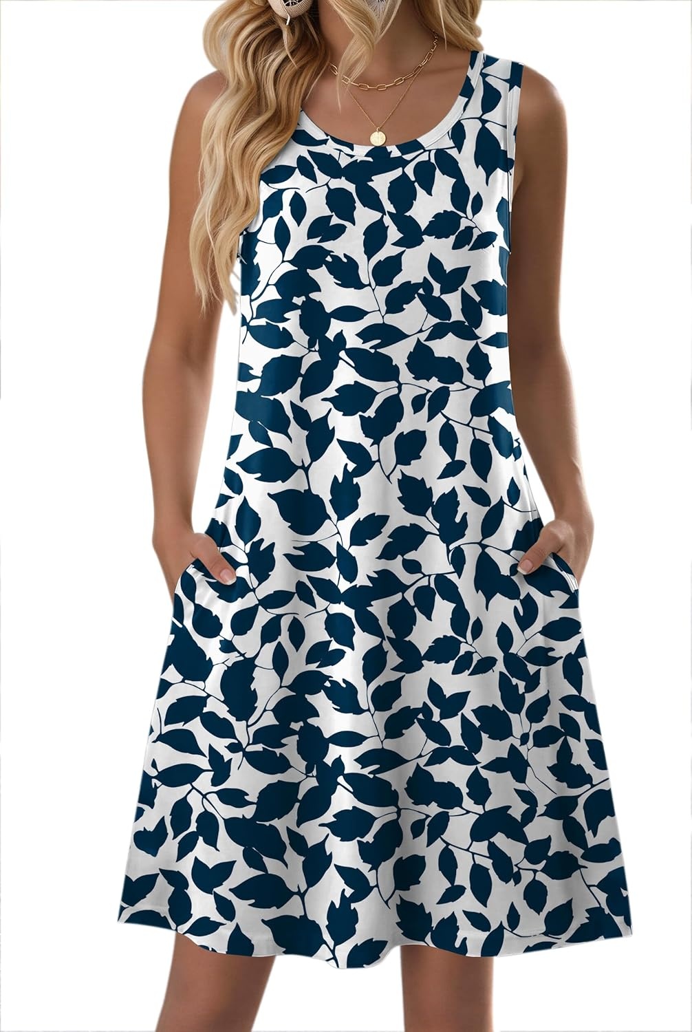 image:imageZeagoo Womens Summer Dress 2026 Sleeveless Casual ALine Tshirt SundressesBlue Leaf Print