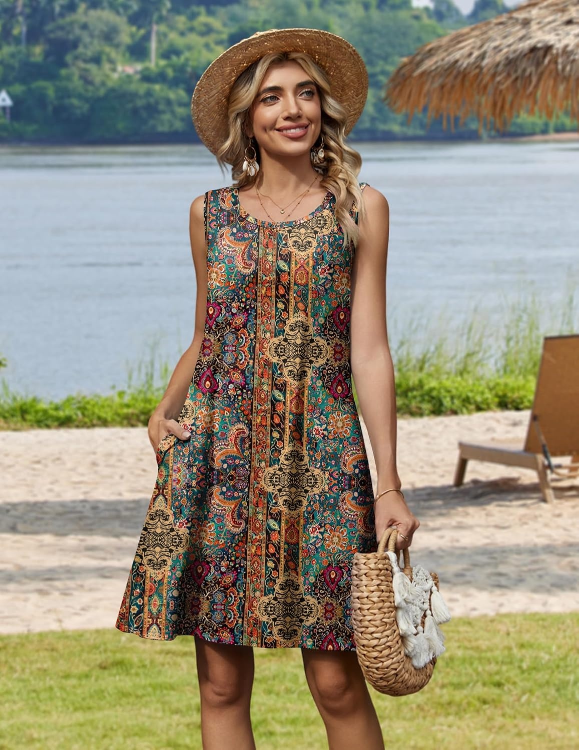 image:imageZeagoo Womens Summer Dress 2026 Sleeveless Casual ALine Tshirt SundressesEthnic Print