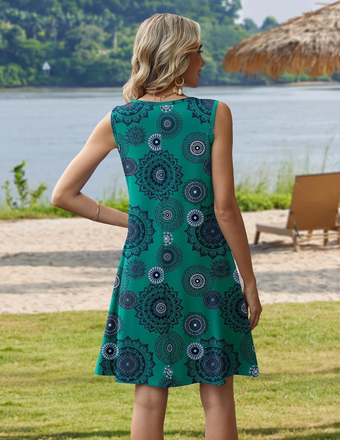 image:imageZeagoo Womens Summer Dress 2026 Sleeveless Casual ALine Tshirt SundressesGreen Print
