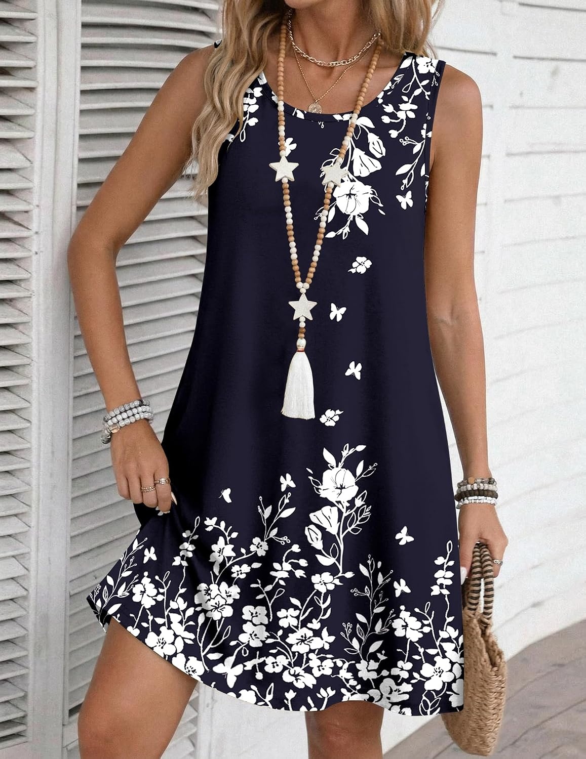image:imageZeagoo Womens Summer Dress 2026 Sleeveless Casual ALine Tshirt SundressesNavy Blue Floral
