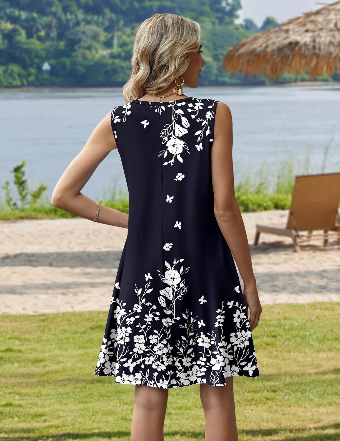 image:imageZeagoo Womens Summer Dress 2026 Sleeveless Casual ALine Tshirt SundressesNavy Blue Floral