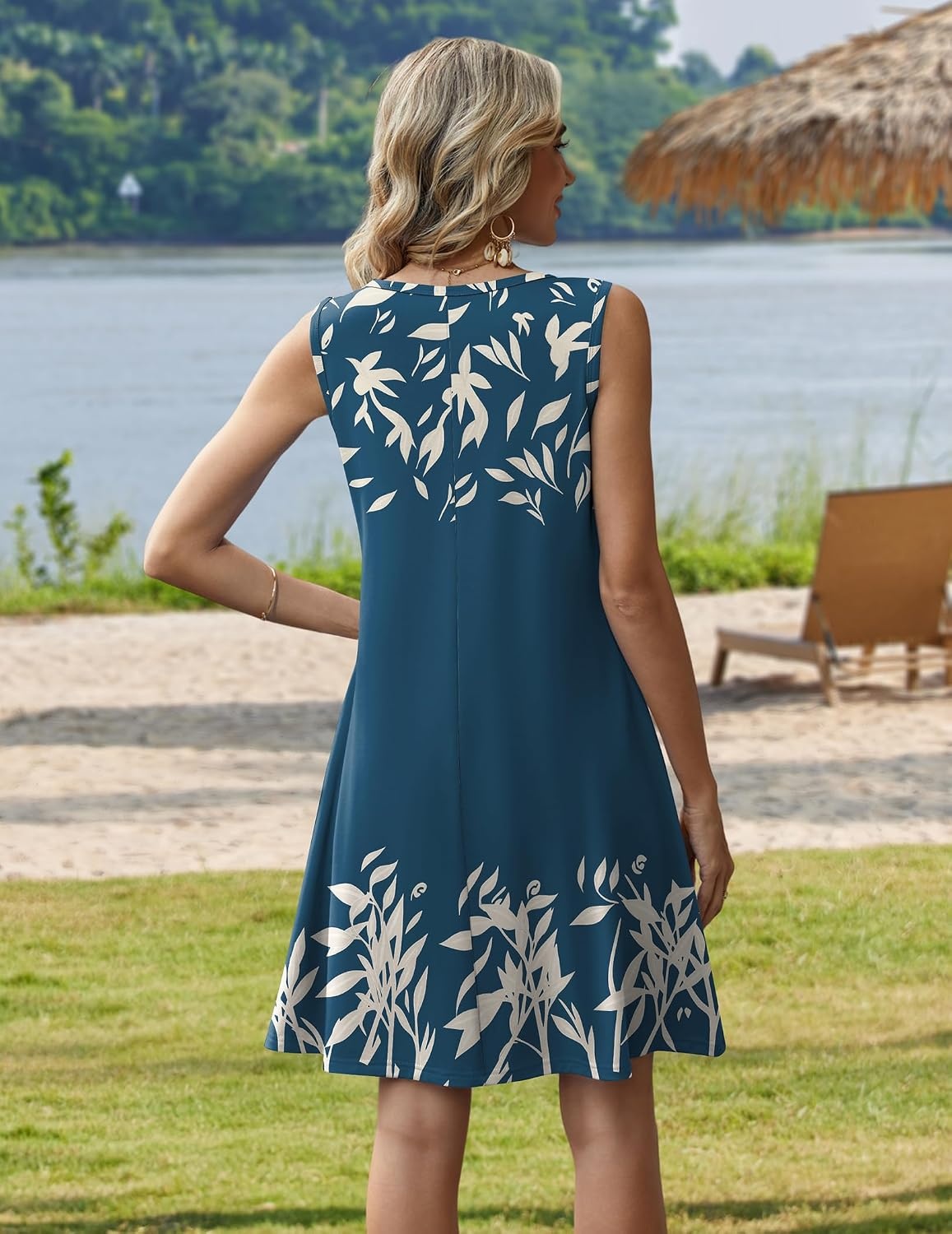 image:imageZeagoo Womens Summer Dress 2026 Sleeveless Casual ALine Tshirt SundressesNavy Blue Print