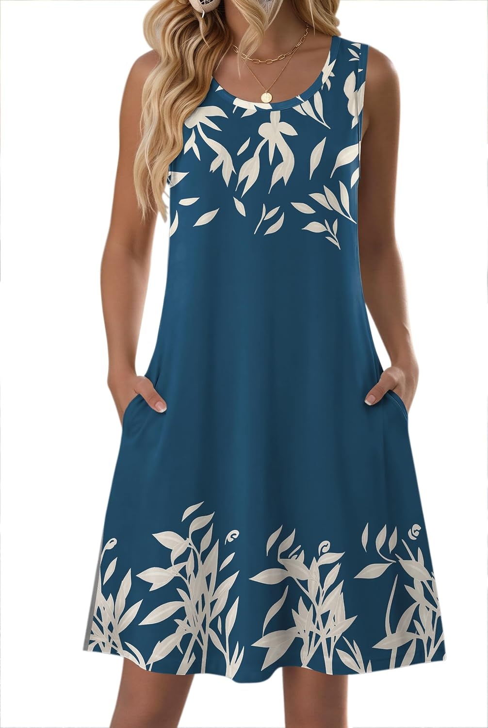 image:imageZeagoo Womens Summer Dress 2026 Sleeveless Casual ALine Tshirt SundressesNavy Blue Print