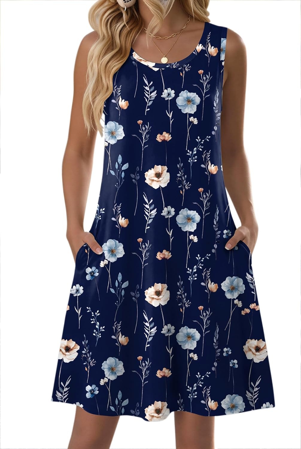 image:imageZeagoo Womens Summer Dress 2026 Sleeveless Casual ALine Tshirt SundressesNavy Printbf318