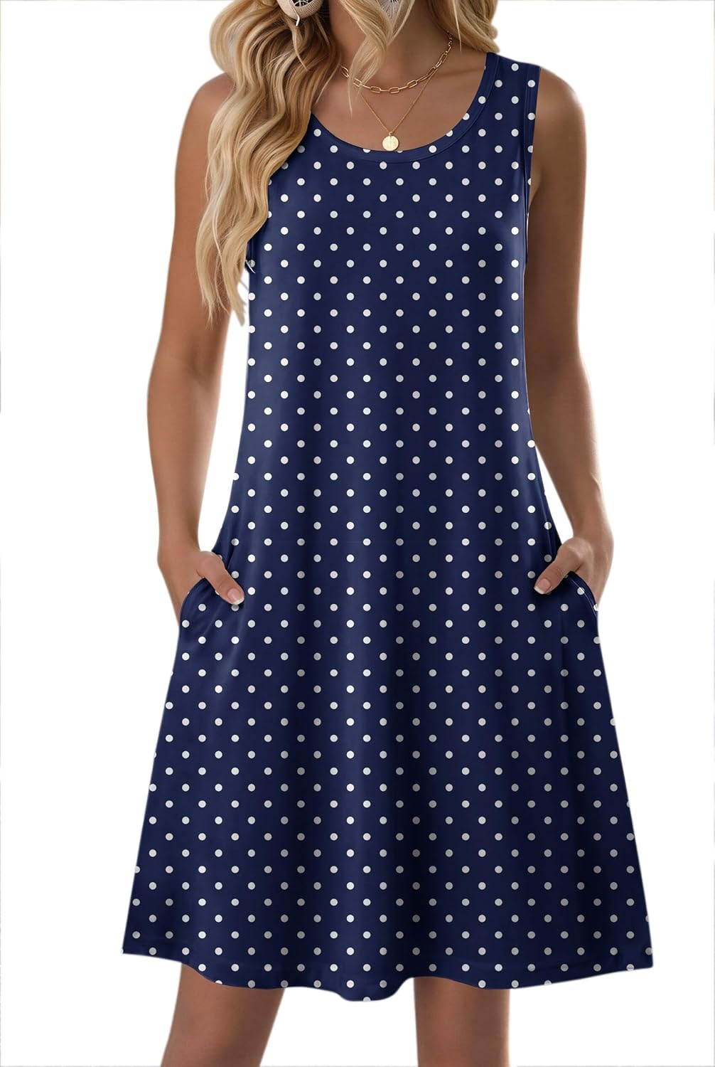 image:imageZeagoo Womens Summer Dress 2026 Sleeveless Casual ALine Tshirt SundressesNavy Round Dot