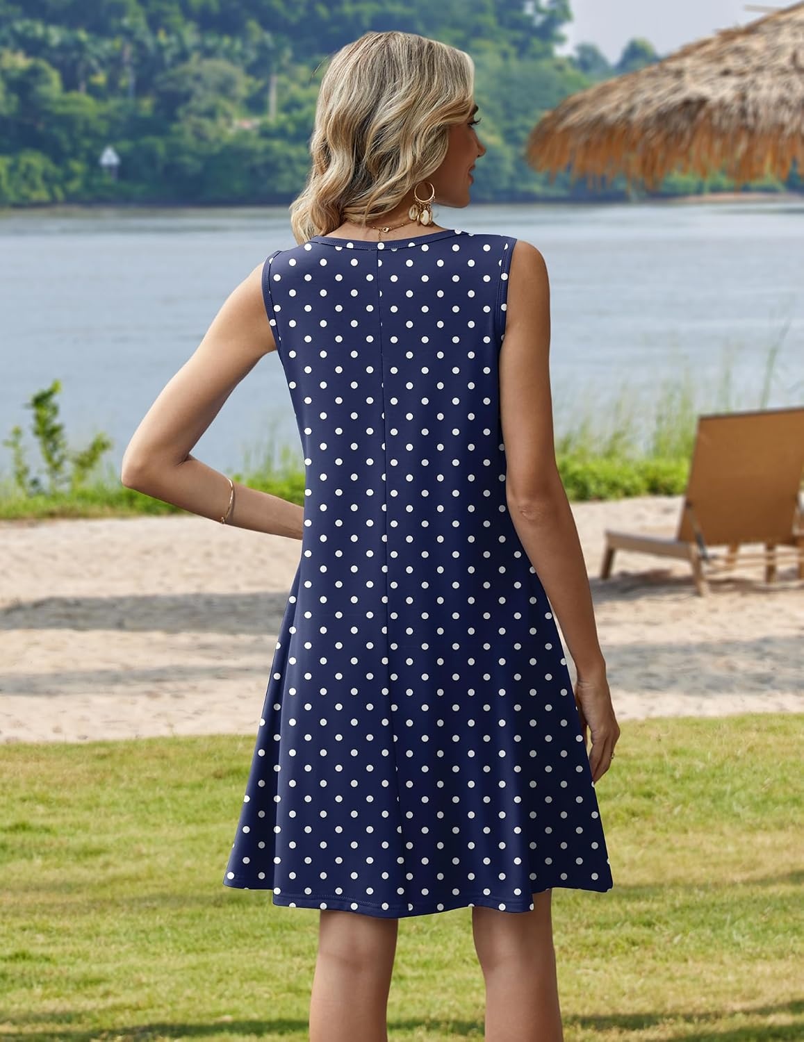 image:imageZeagoo Womens Summer Dress 2026 Sleeveless Casual ALine Tshirt SundressesNavy Round Dot