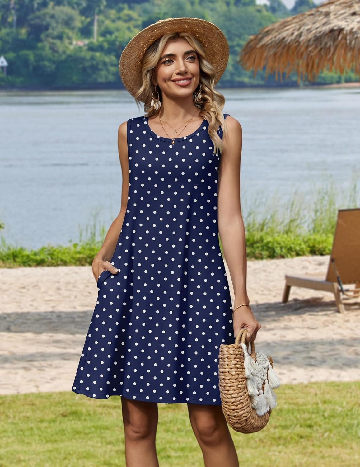 image:imageZeagoo Womens Summer Dress 2026 Sleeveless Casual ALine Tshirt SundressesNavy Round Dot