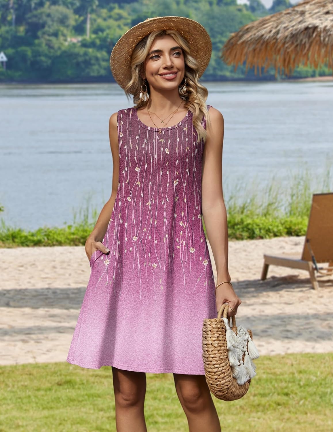 image:imageZeagoo Womens Summer Dress 2026 Sleeveless Casual ALine Tshirt SundressesPurple Print