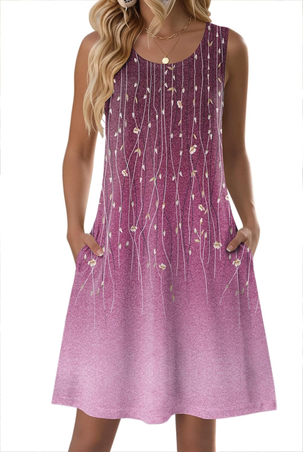 image:imageZeagoo Womens Summer Dress 2026 Sleeveless Casual ALine Tshirt SundressesPurple Print