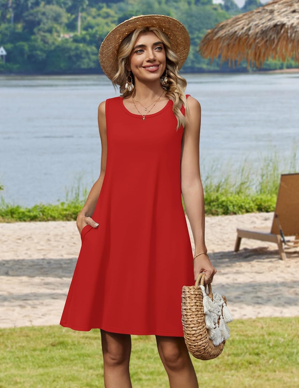 image:imageZeagoo Womens Summer Dress 2026 Sleeveless Casual ALine Tshirt SundressesRed