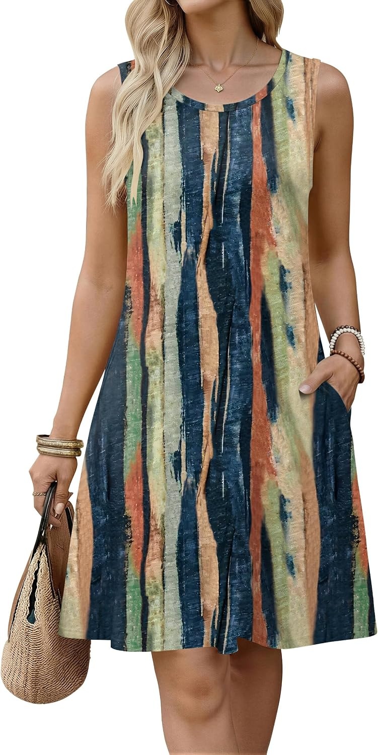 image:imageZeagoo Womens Summer Dress 2026 Sleeveless Casual ALine Tshirt SundressesStripe Print