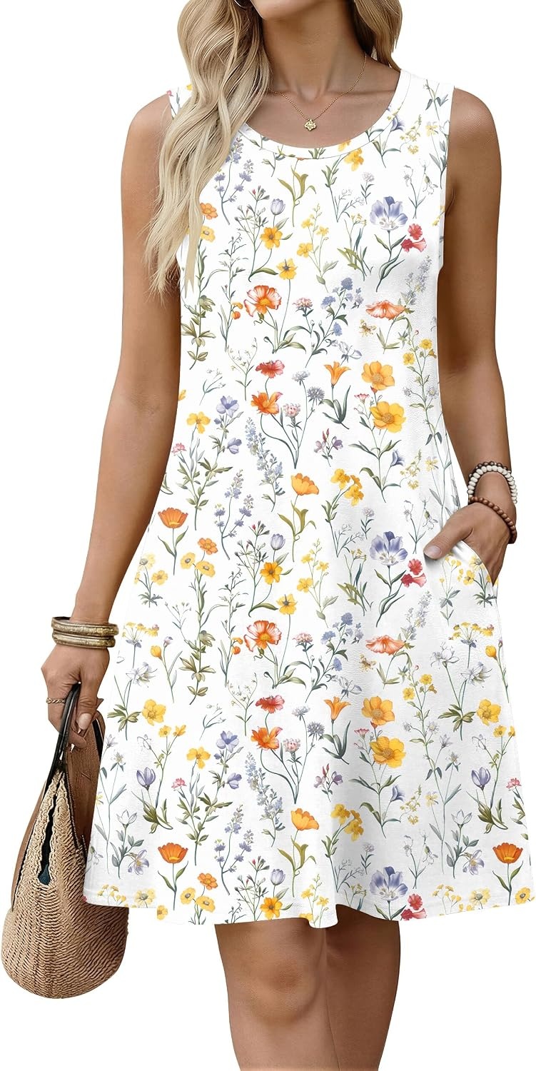 image:imageZeagoo Womens Summer Dress 2026 Sleeveless Casual ALine Tshirt SundressesWhite Floral