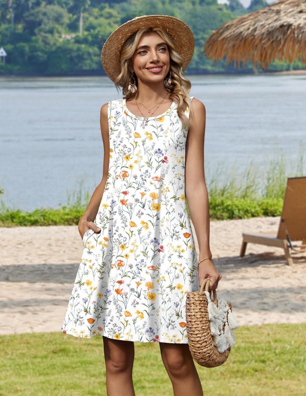 image:imageZeagoo Womens Summer Dress 2026 Sleeveless Casual ALine Tshirt SundressesWhite Floral