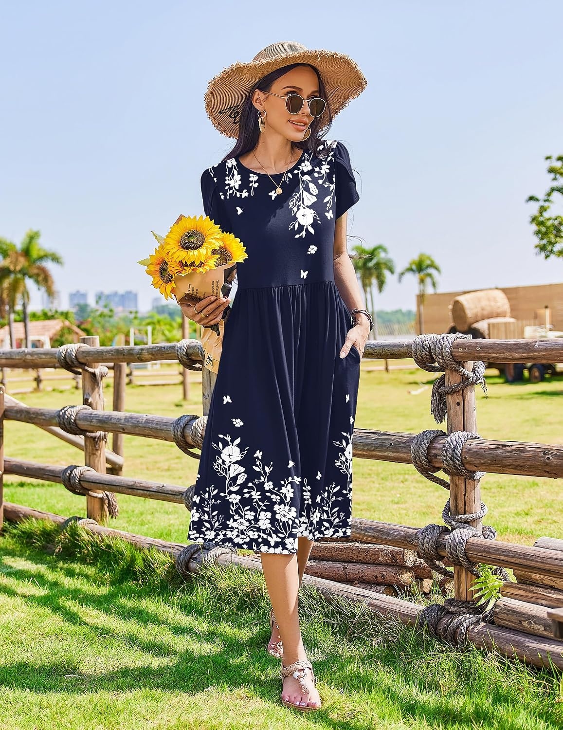 image:imageZeagoo Womens Summer Dresses Casual Aline Midi Dress Short Sleeve Floral Tshirt Dress Flowy Beach Sundresses with Pockets01navy Blue Floral
