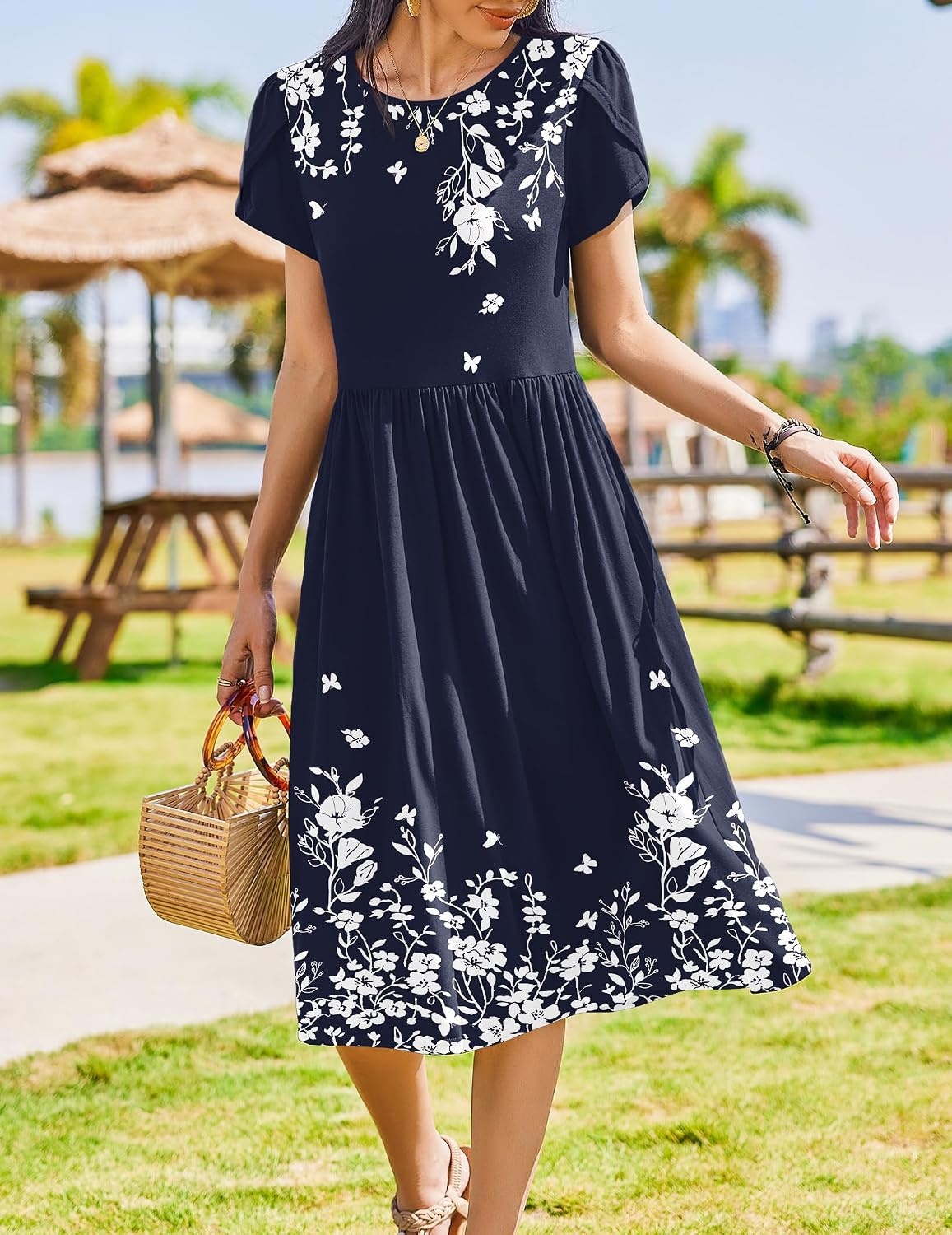 image:imageZeagoo Womens Summer Dresses Casual Aline Midi Dress Short Sleeve Floral Tshirt Dress Flowy Beach Sundresses with Pockets01navy Blue Floral