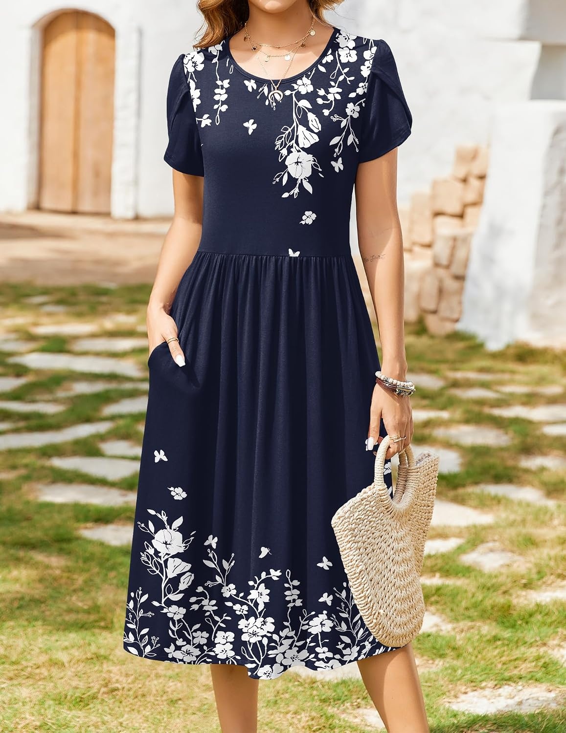 image:imageZeagoo Womens Summer Dresses Casual Aline Midi Dress Short Sleeve Floral Tshirt Dress Flowy Beach Sundresses with Pockets01navy Blue Floral