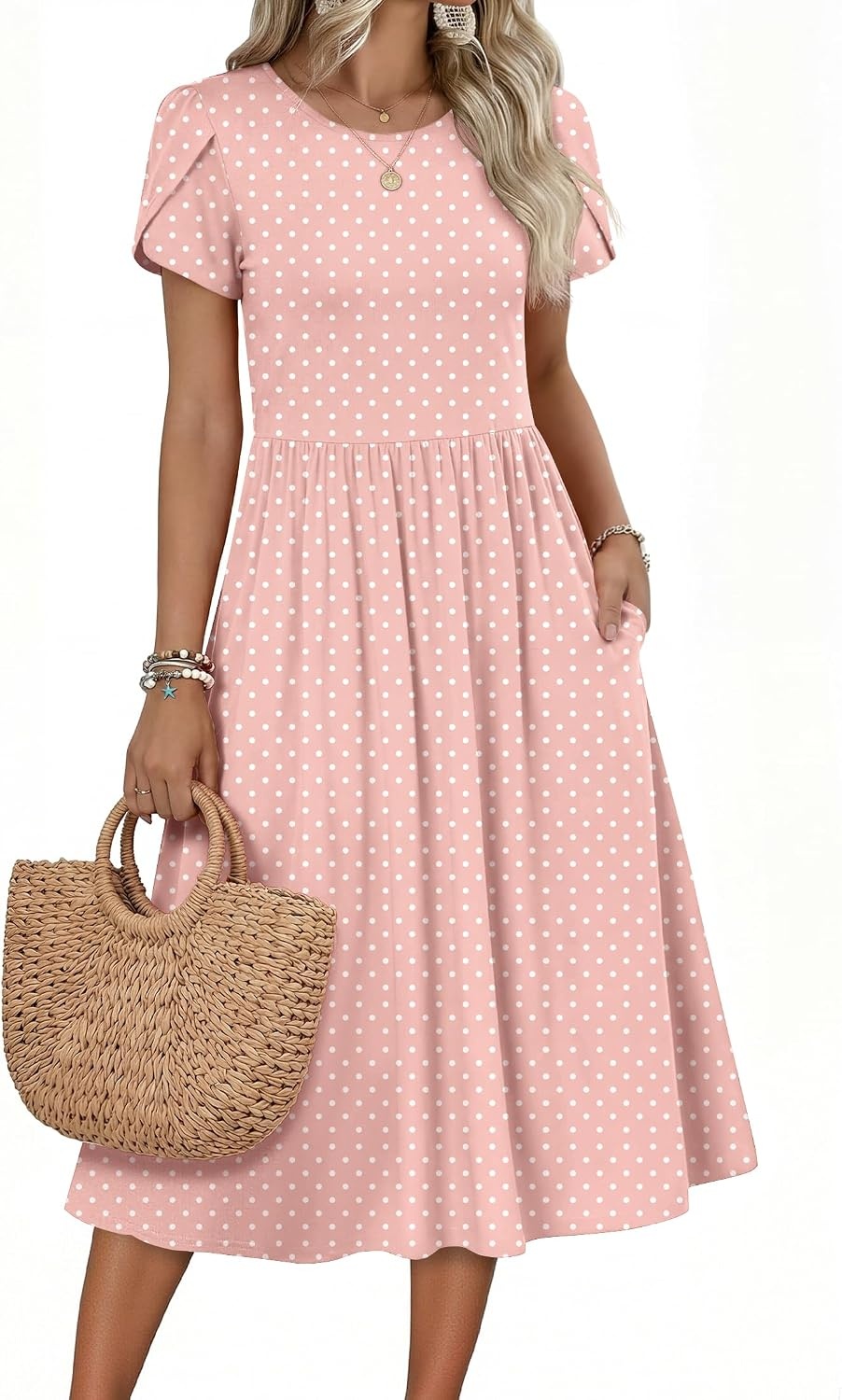 image:imageZeagoo Womens Summer Dresses Casual Aline Midi Dress Short Sleeve Floral Tshirt Dress Flowy Beach Sundresses with Pockets01pink Round Dot