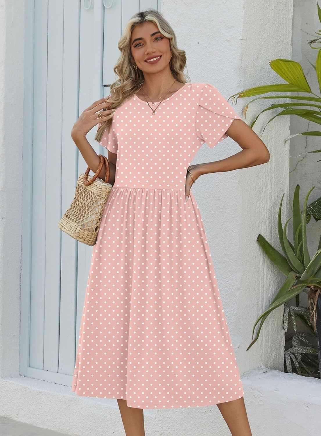 image:imageZeagoo Womens Summer Dresses Casual Aline Midi Dress Short Sleeve Floral Tshirt Dress Flowy Beach Sundresses with Pockets01pink Round Dot