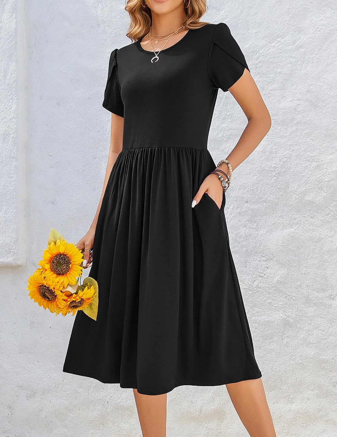 image:imageZeagoo Womens Summer Dresses Casual Aline Midi Dress Short Sleeve Floral Tshirt Dress Flowy Beach Sundresses with PocketsBlack