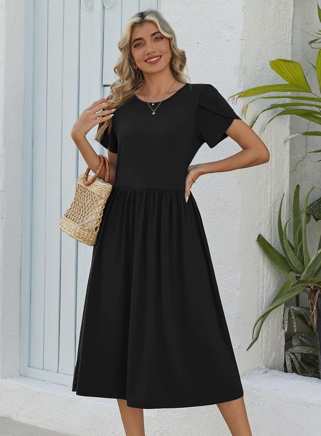 image:imageZeagoo Womens Summer Dresses Casual Aline Midi Dress Short Sleeve Floral Tshirt Dress Flowy Beach Sundresses with PocketsBlack