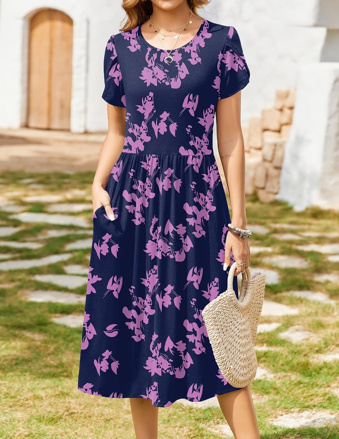 image:imageZeagoo Womens Summer Dresses Casual Aline Midi Dress Short Sleeve Floral Tshirt Dress Flowy Beach Sundresses with PocketsBlack Purpleprinted