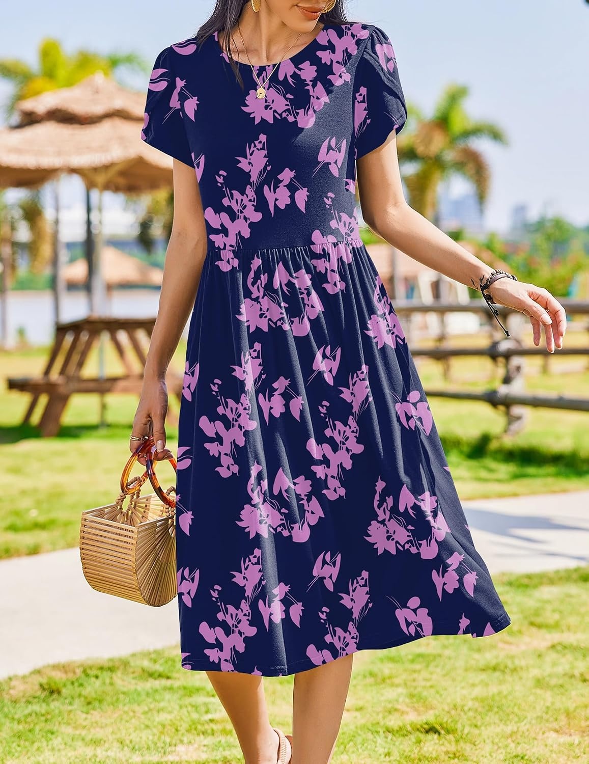 image:imageZeagoo Womens Summer Dresses Casual Aline Midi Dress Short Sleeve Floral Tshirt Dress Flowy Beach Sundresses with PocketsBlack Purpleprinted