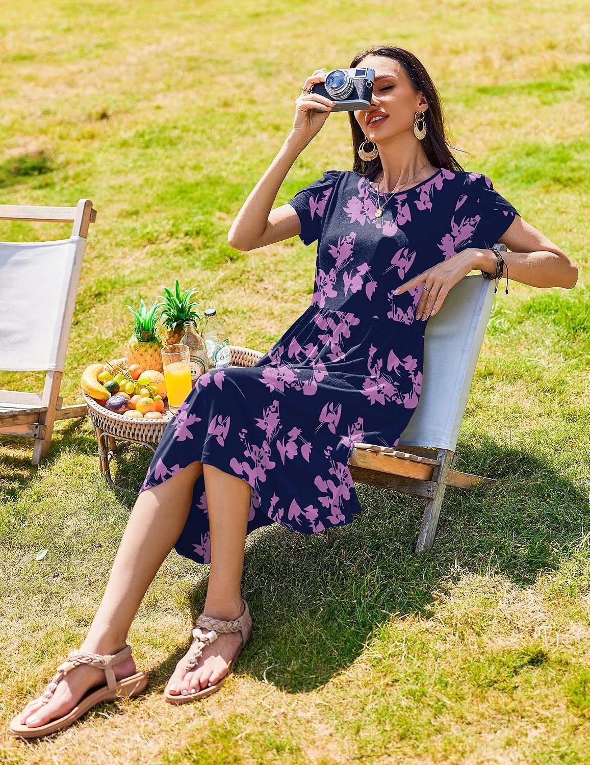 image:imageZeagoo Womens Summer Dresses Casual Aline Midi Dress Short Sleeve Floral Tshirt Dress Flowy Beach Sundresses with PocketsBlack Purpleprinted