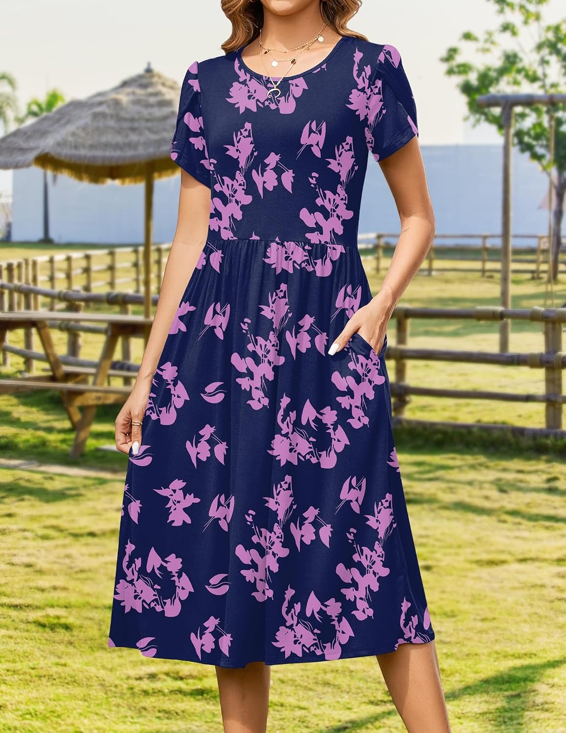 image:imageZeagoo Womens Summer Dresses Casual Aline Midi Dress Short Sleeve Floral Tshirt Dress Flowy Beach Sundresses with PocketsBlack Purpleprinted
