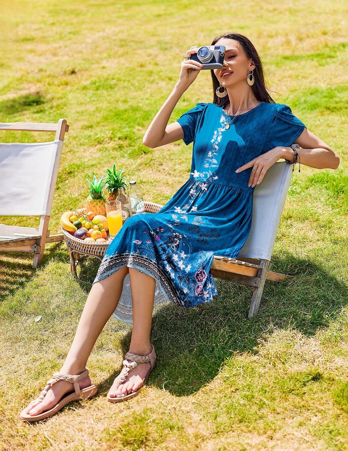 image:imageZeagoo Womens Summer Dresses Casual Aline Midi Dress Short Sleeve Floral Tshirt Dress Flowy Beach Sundresses with PocketsBlue Ethnic Boho Print