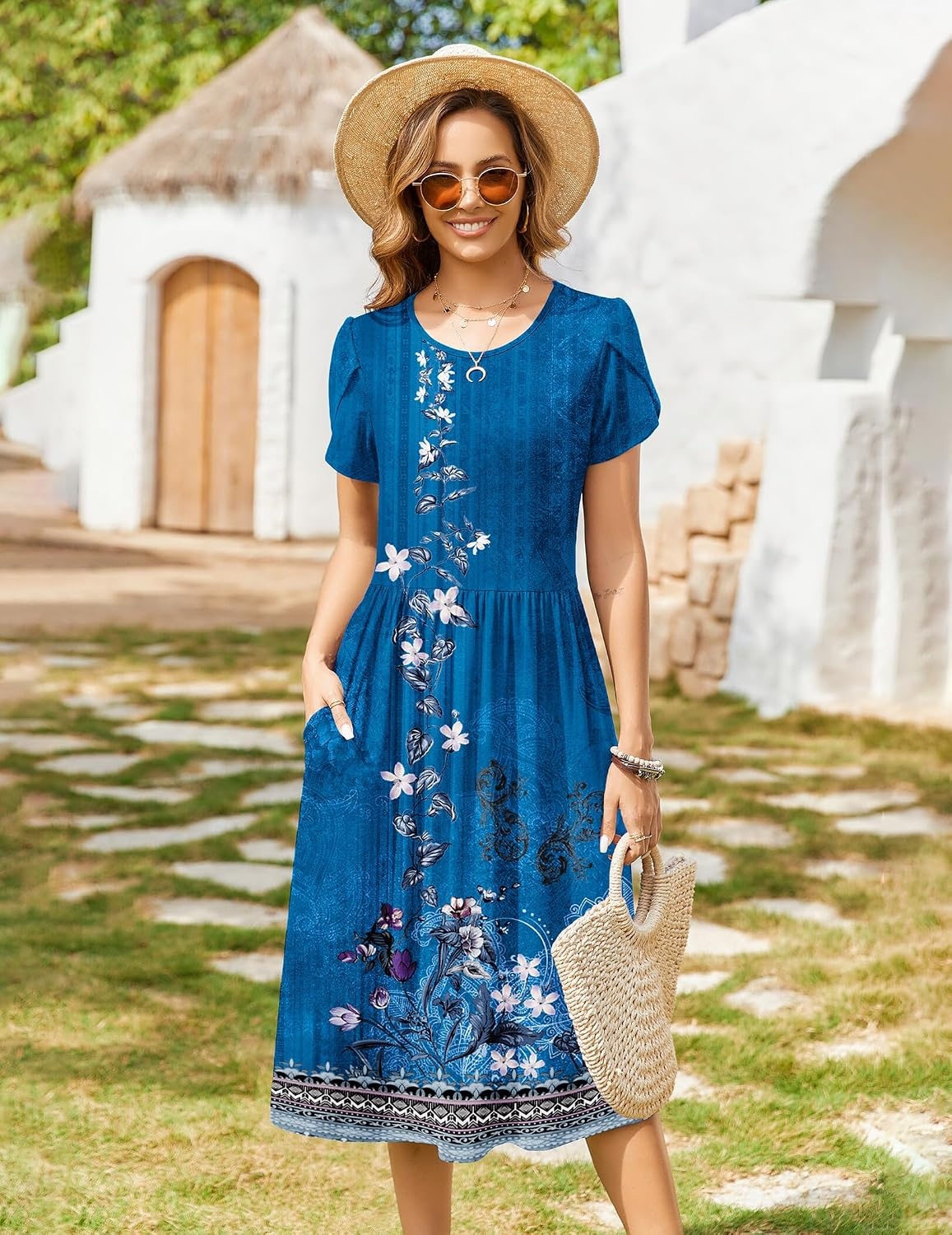 image:imageZeagoo Womens Summer Dresses Casual Aline Midi Dress Short Sleeve Floral Tshirt Dress Flowy Beach Sundresses with PocketsBlue Ethnic Boho Print