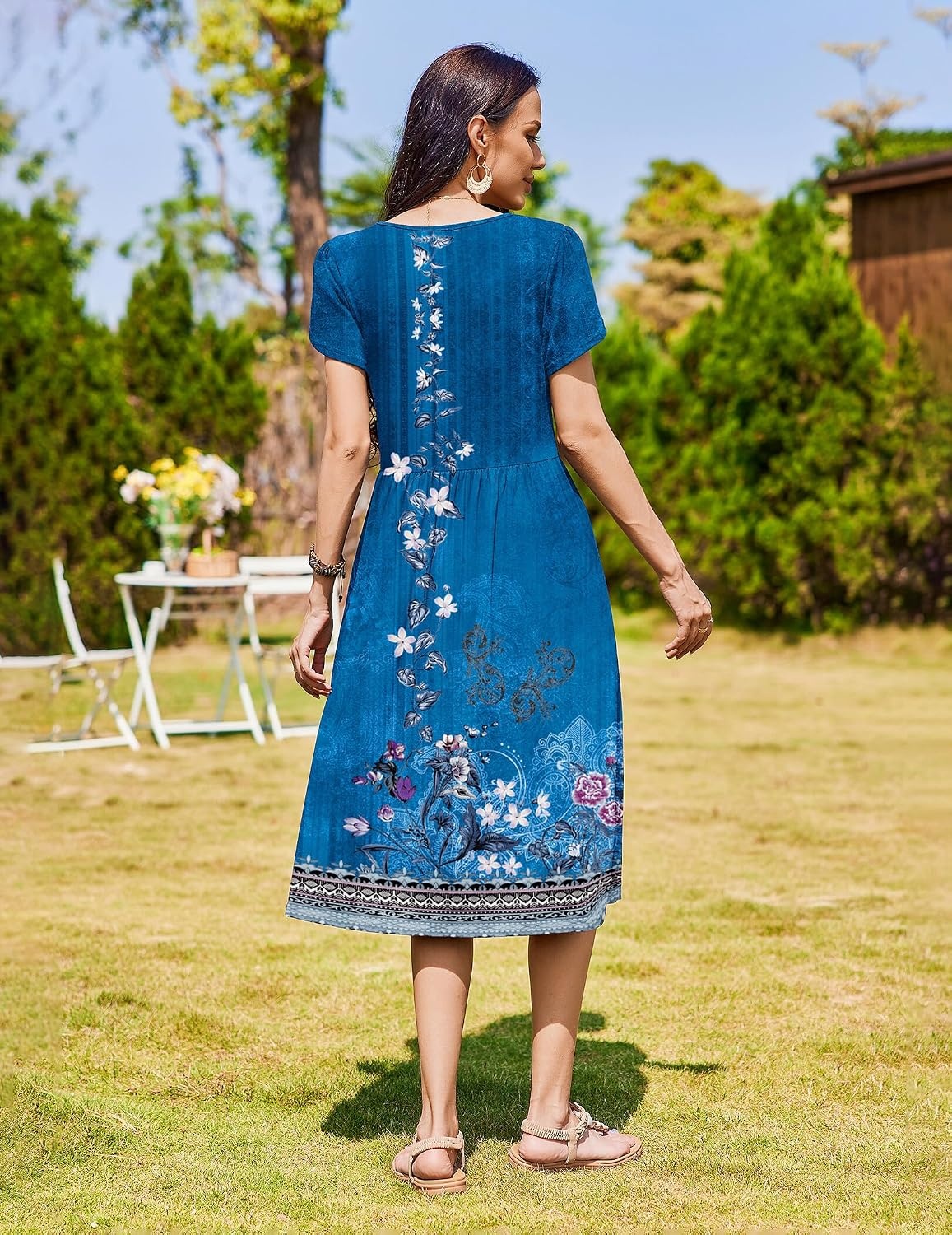 image:imageZeagoo Womens Summer Dresses Casual Aline Midi Dress Short Sleeve Floral Tshirt Dress Flowy Beach Sundresses with PocketsBlue Ethnic Boho Print